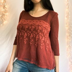 Deep Peach Floral Mesh Top